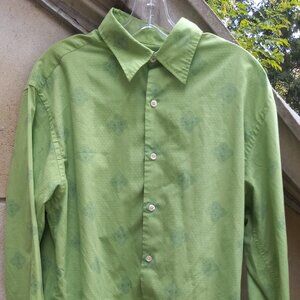 Perry Ellis Button Front Shirt Long Sleeves Green Honeycomb & Paisley Vintage L